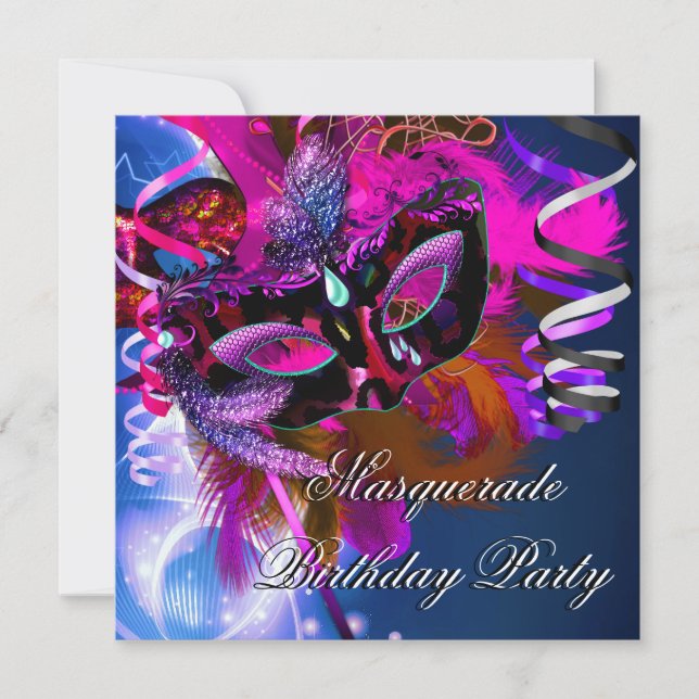 Birthday Masquerade Party Mask Blue Pink Invitation (Front)