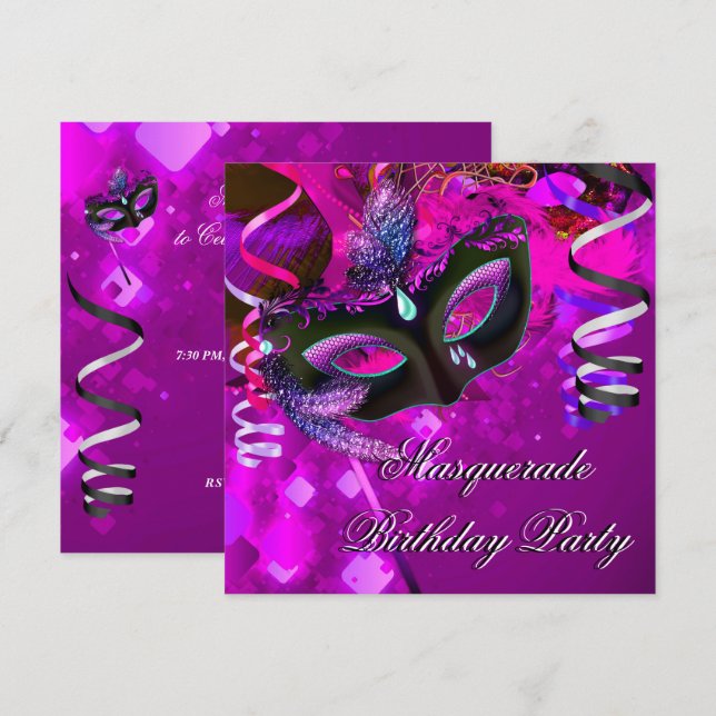 Birthday Masquerade Party Mask Purple Pink Invitation (Front/Back)