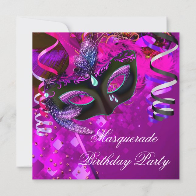 Birthday Masquerade Party Mask Purple Pink Invitation (Front)