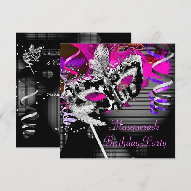 Birthday Masquerade Party Mask Silver Pink 2 Invitation (Front/Back)