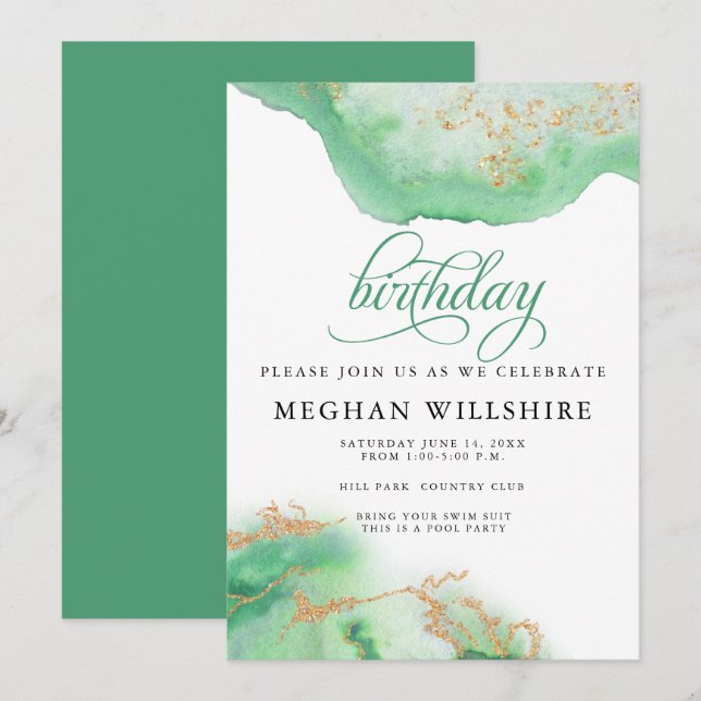 Birthday May Emerald Green Watercolor Geode Invitation (Front/Back)