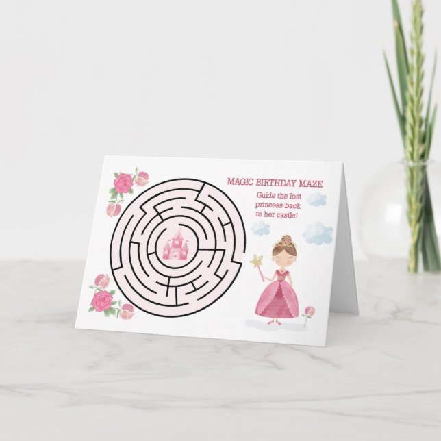 Birthday Maze Pink Princess with Wand and  Castle  Card (Front)