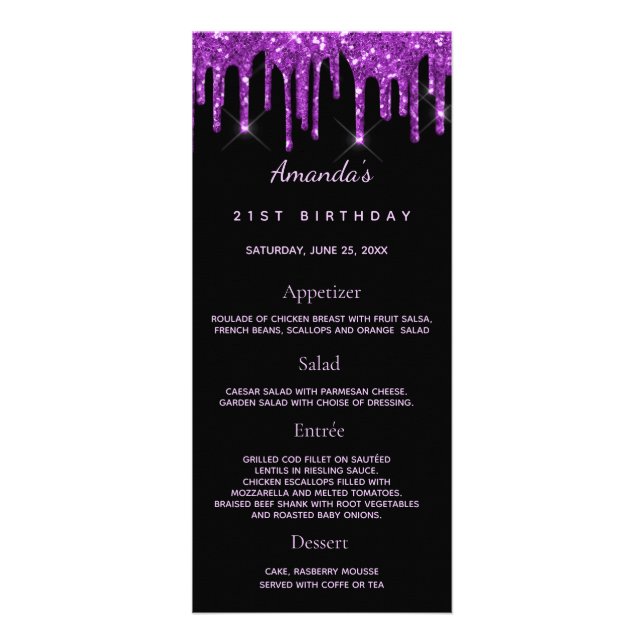 Birthday Menu black purple photo glitter fun facts (Front)