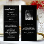 Birthday Menu black white photo fun facts<br><div class="desc">Birthday party menu card.  Personalise and add a name,  age,  date and the menu. A chic black background.  White coloured letters.
Back: add a photo of the birthday girl,  fun facts and names.</div>