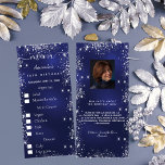 Birthday Menu blue silver photo fun facts choises<br><div class="desc">Birthday party menu card.  Personalise and add a name,  age,  date and the menu for your guests to choose fro. A navy blue background,  decorated with faux silver glitter dust.  The blue colour is uneve. White coloured letters.
Back: add a photo of the birthday girl,  fun facts and names.</div>