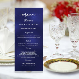 Birthday Menu navy blue white photo fun facts