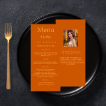Birthday Menu orange glitter photo fun facts<br><div class="desc">Birthday party menu card.  Personalise and add a name,  age,  date and the menu. A burnt orange background. Golden coloured letters.
Back: add a photo of the birthday girl,  fun facts and names.</div>