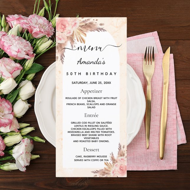 Birthday menu pampas grass rose gold floral marble (Creator Uploaded)