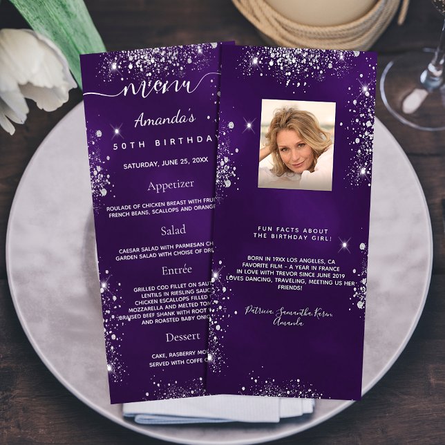 Birthday Menu purple silver glitter photo fun fact (Creator Uploaded)