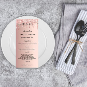 Birthday Menu rose gold glitter drips monogram