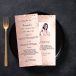 Birthday Menu rose gold glitter photo fun facts<br><div class="desc">Birthday party menu card.  Personalise and add a name,  age,  date and the menu. Rose gold faux metallic looking background,  decorated with faux glitter dust.  Black coloured letters.
Back: add a photo of the birthday girl,  fun facts and names.</div>