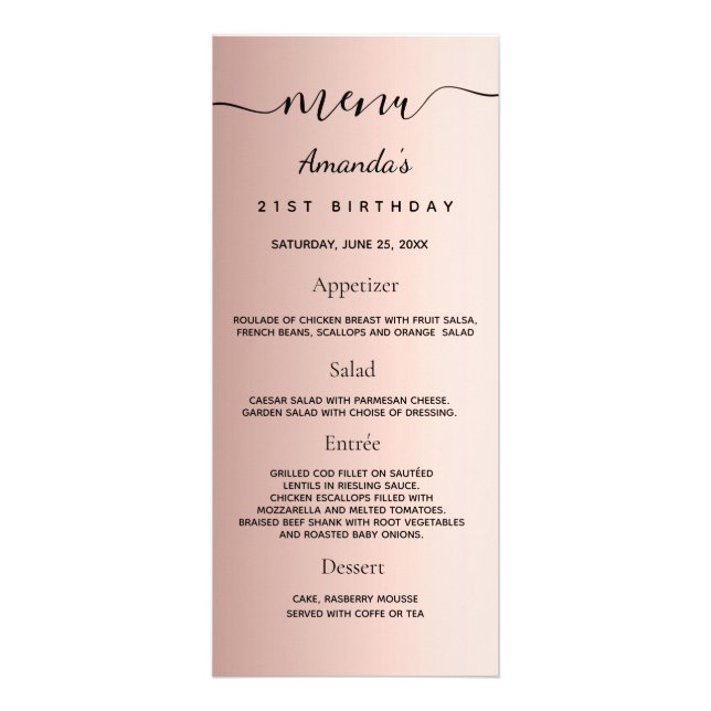 Birthday Menu rose gold metal monogram (Front)
