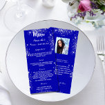 Birthday Menu royal blue silver photo fun facts<br><div class="desc">Birthday party menu card.  Personalise and add a name,  age,  date and the menu. A royal blue background,  decorated with faux silver glitter. White coloured letters.
Back: add a photo of the birthday girl,  fun facts and names. Remove the names if not necessary.</div>