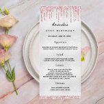 Birthday Menu silver blush pink photo fun facts<br><div class="desc">Birthday party menu card.  Personalize and add a name,  age,  date and the menu. Silver faux metallic looking background,  decorated with blush pink faux glitter drips,  paint dripping look.  Black colored letters.
Back: add a photo of the birthday girl,  fun facts and names.</div>