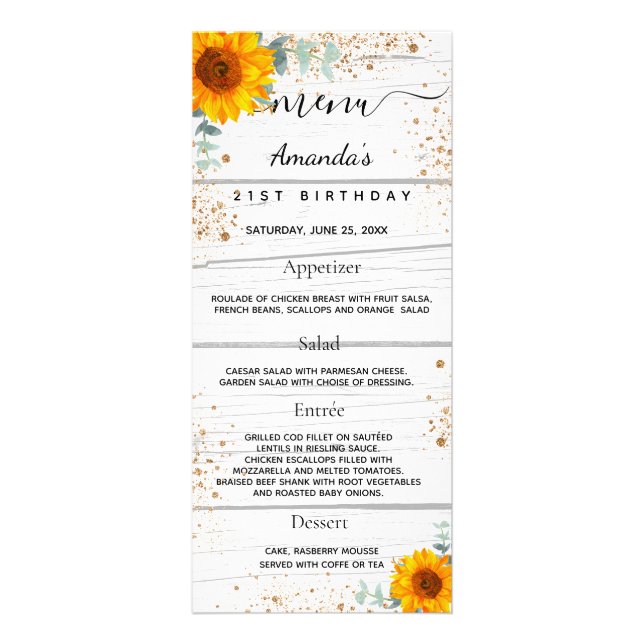 Birthday Menu sunflowers white wood glitter (Front)