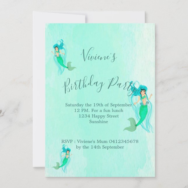 Birthday Mermaid Pattern Green Mermaid Tail Girly  Invitation (Back)
