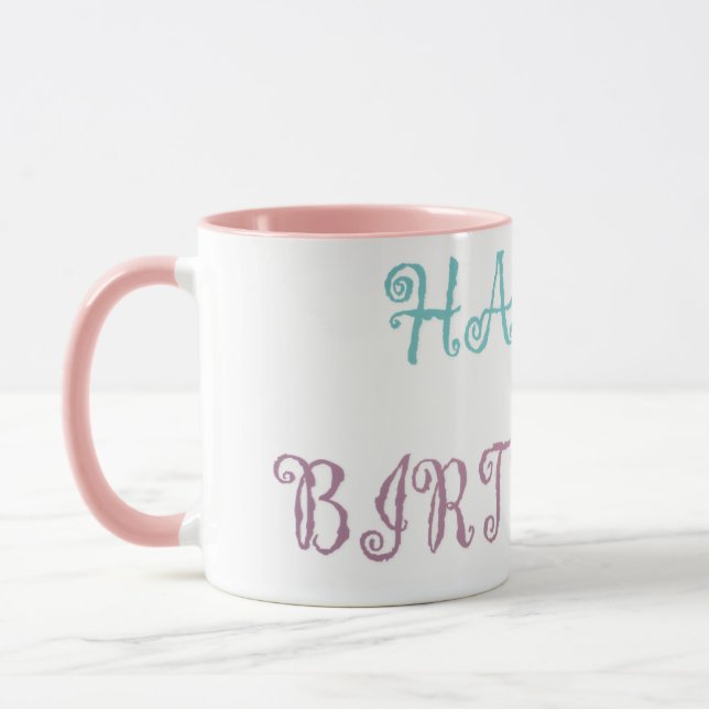 Birthday message pink fancy script mug (Left)