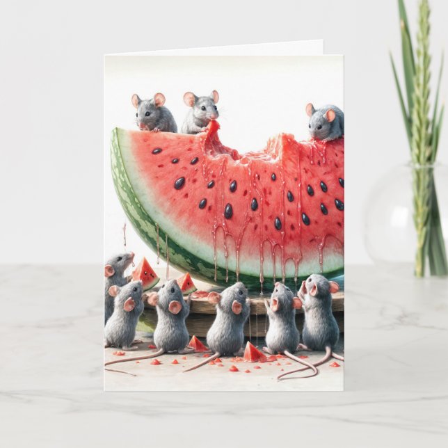 Birthday Mice Eating Watermelon Card (Front)