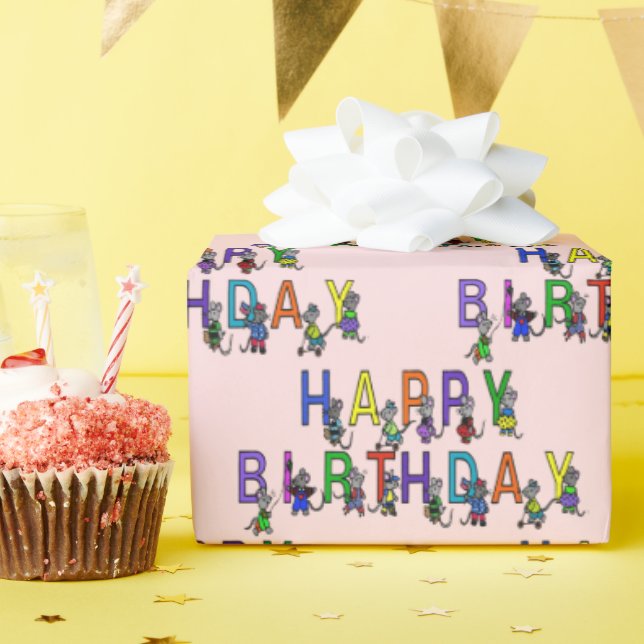 Birthday Mice on Pink Blush Wrapping Paper (Birthday Party)