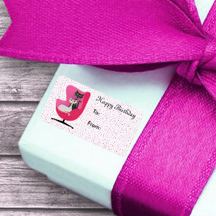 Birthday Mid Century Style Cats Pink Chair Dots Label