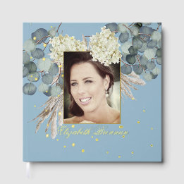 Birthday Milestone Photo Floral Blue Elegant Guest Book