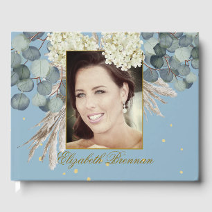 Birthday Milestone Photo Floral Blue Elegant  Guest Book