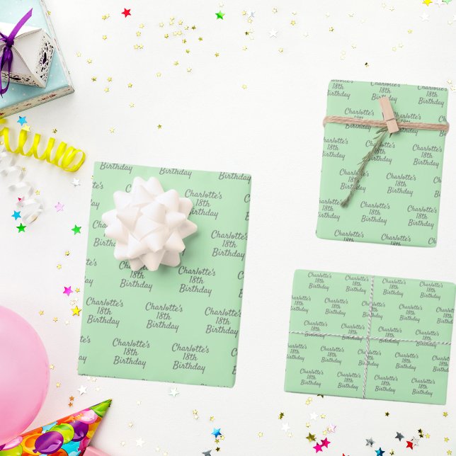 Birthday mint green grey name script wrapping paper sheet (Creator Uploaded)
