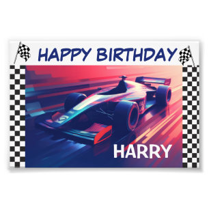 BIRTHDAY MODERN BLUE RACING CAR BANNER PHOTO PRINT
