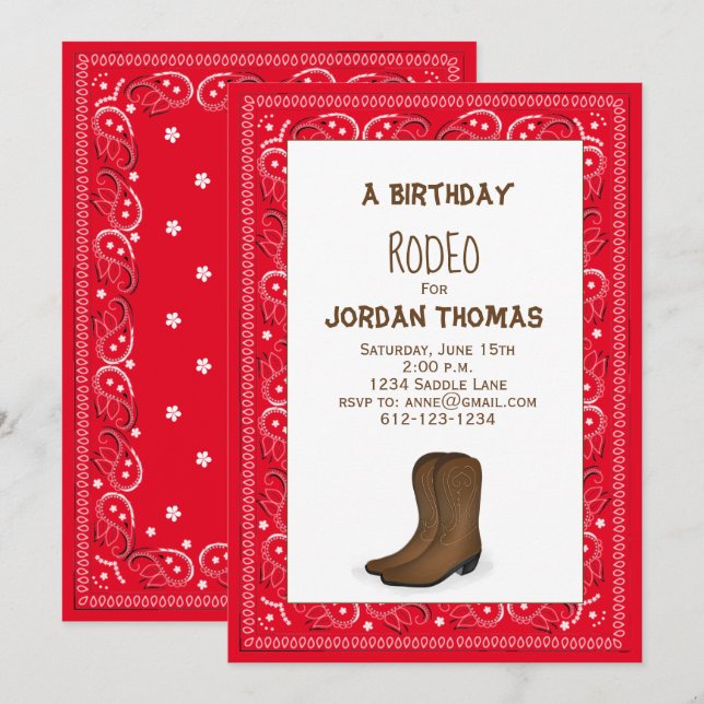 Birthday Modern Cute Red Bandanna Cowboy Boots Invitation (Front/Back)
