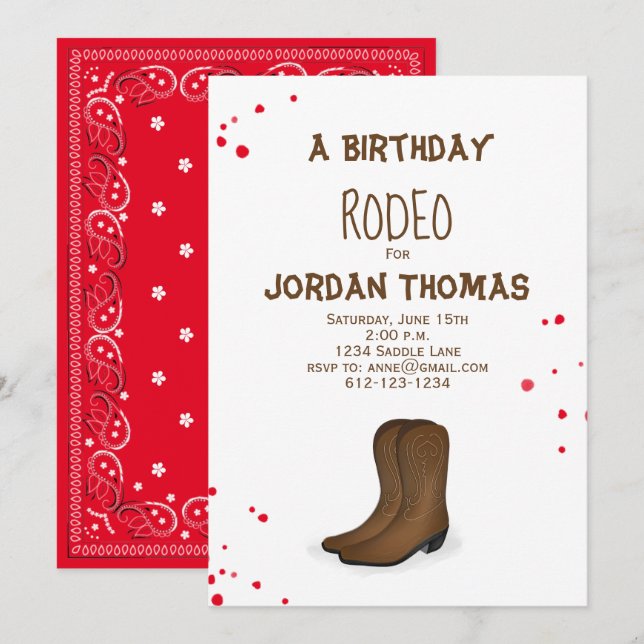 Birthday Modern Cute Red Bandanna Cowboy Boots Invitation (Front/Back)