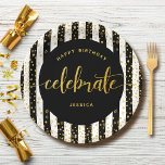 Birthday modern gold type glitter dots black white paper plate<br><div class="desc">“Happy birthday”. Here’s an unique addition to your birthday fête! “Celebrate” with this stunning, modern, sparkly gold glitter dots and typography script against a black and white striped background, paper plate for an event to remember. Personalise the custom text with your guest of honour’s name. Your choice of 2 sizes:...</div>