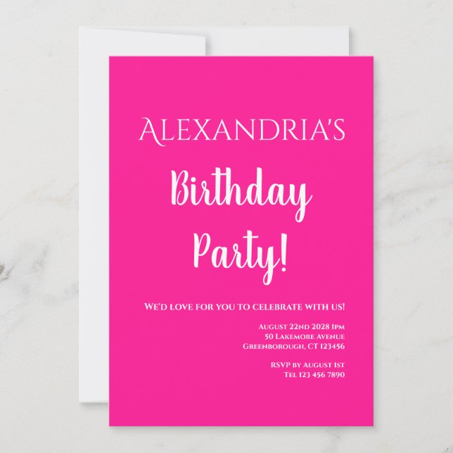 Birthday Modern Hot Pink Party Invitation (Front)