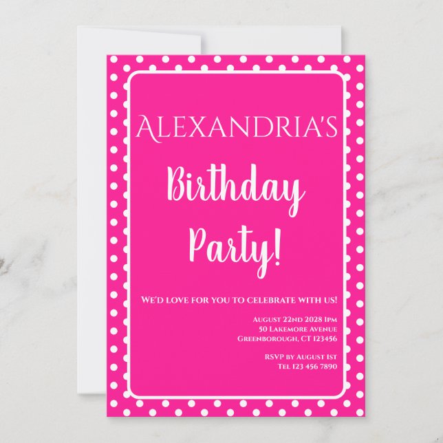 Birthday Modern Hot Pink Polka Dots Invitation (Front)