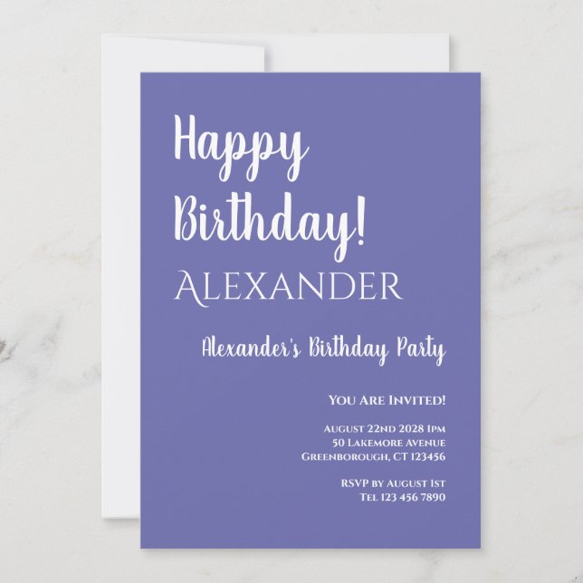 Birthday Modern Purple Periwinkle Invitation (Front)