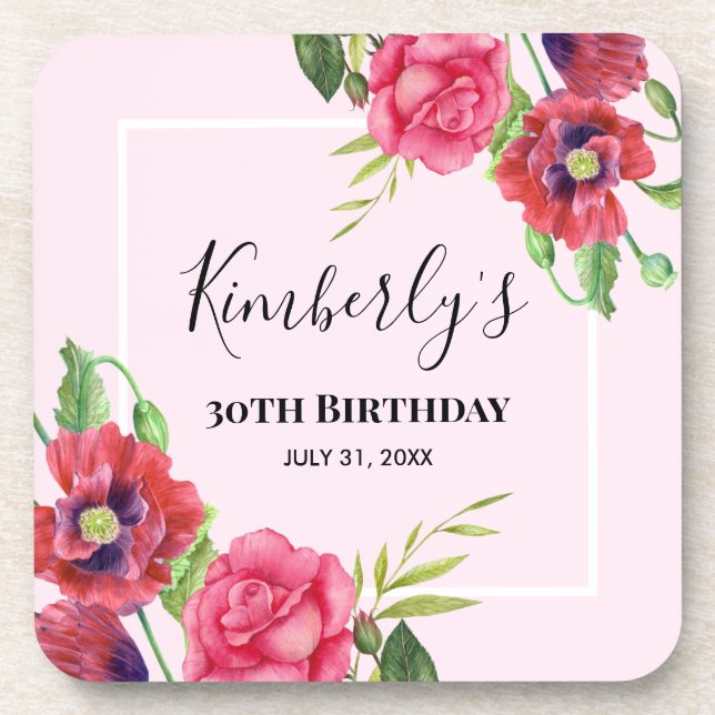 Birthday Modern Red Pink Flowers on Light Pink Coaster (Front)