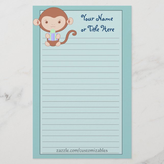 Birthday Monkey Blue Stationary Stationery (Front)