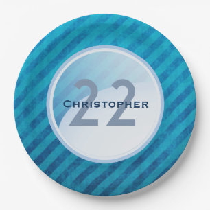 Birthday Monogram - Name and Age on a Blue Circle Paper Plate