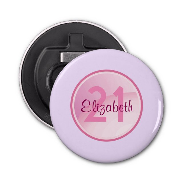 Birthday Monogram - Name and Age on a Pink Circle Bottle Opener (Front)