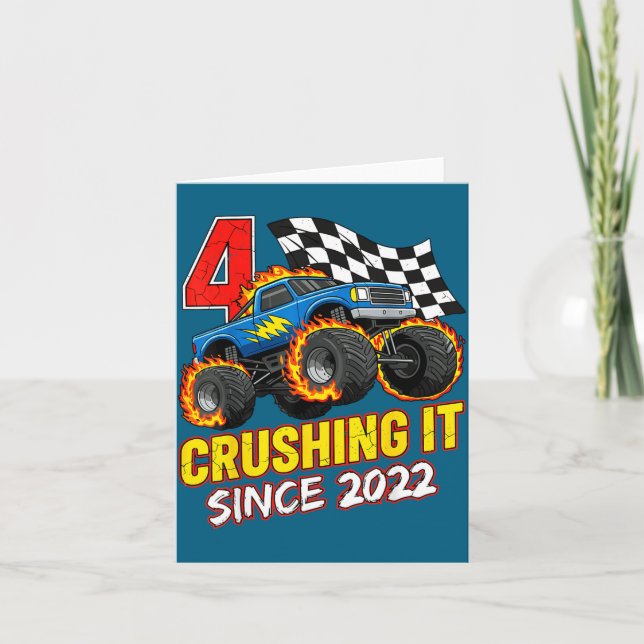 Birthday Monster Truck 4 Year Old Boys 4th Party B Card (Front)