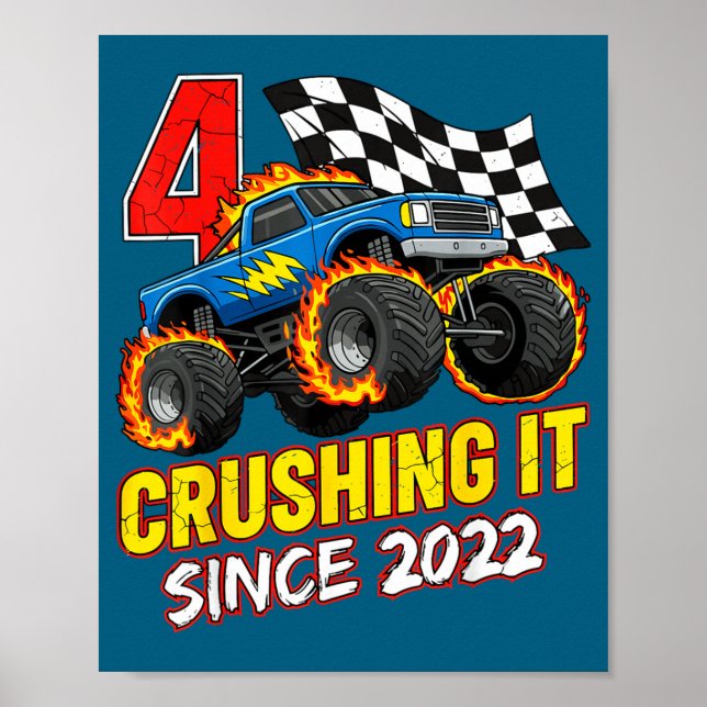 Birthday Monster Truck 4 Year Old Boys 4th Party B Poster (Front)