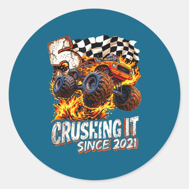 Birthday Monster Truck Boys 5 Crushing It Since 20 Classic Round Sticker (Front)