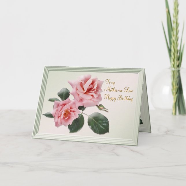 Birthday, Mother-in-Law Card. Pink roses Card (Front)