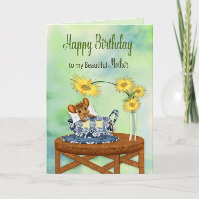 Birthday - Mother - Mouse in Tea Cup Resting Card (Front)