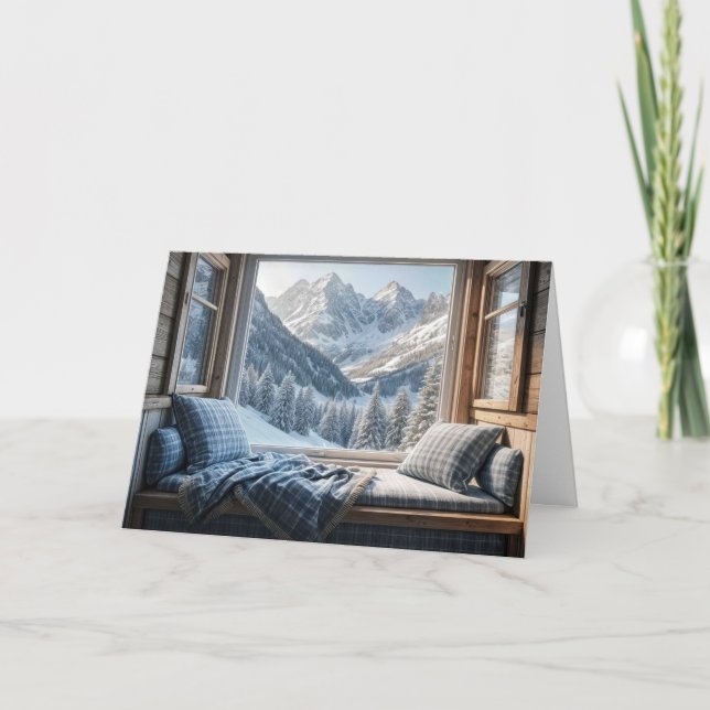 Birthday Mountain Scene In a Cabin Window Card (Front)
