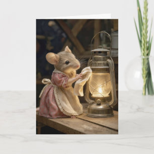 Birthday Mouse Dusting an Old Lantern Card
