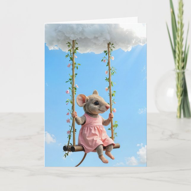 Birthday Mouse In a Pink Dress On a Swing Card (Front)