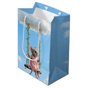 Birthday Mouse In a Pink Dress On a Swing Medium Gift Bag
