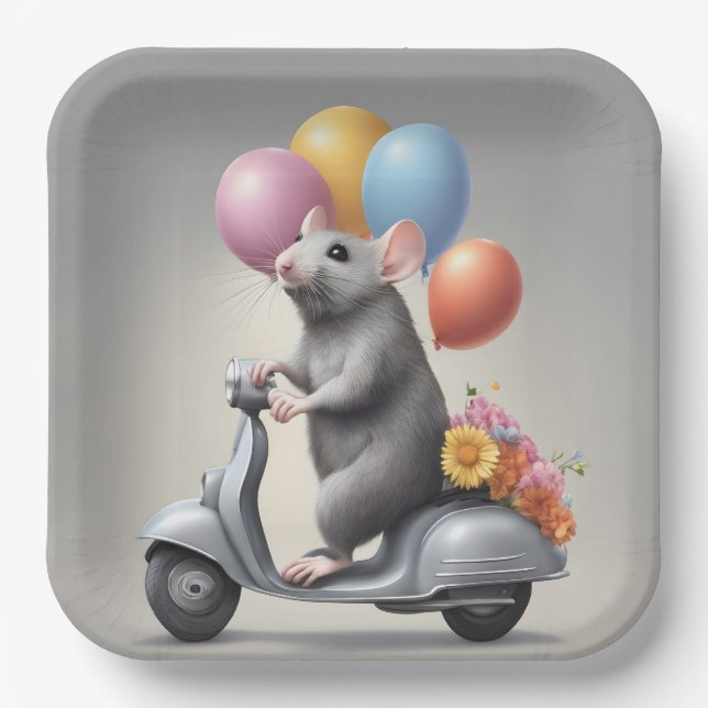 Birthday Mouse On a Scooter Paper Plate (Front)