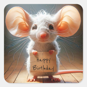 Birthday Mouse With Cardboard Sign Square Sticker