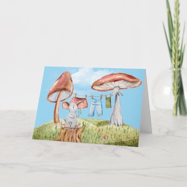 Birthday Mouse with Mushroom Clothesline  Card (Front)